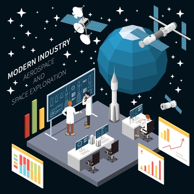 Modern industry aerospace and space exploration isometric composition with satellites and characters of researchers vector illustration
