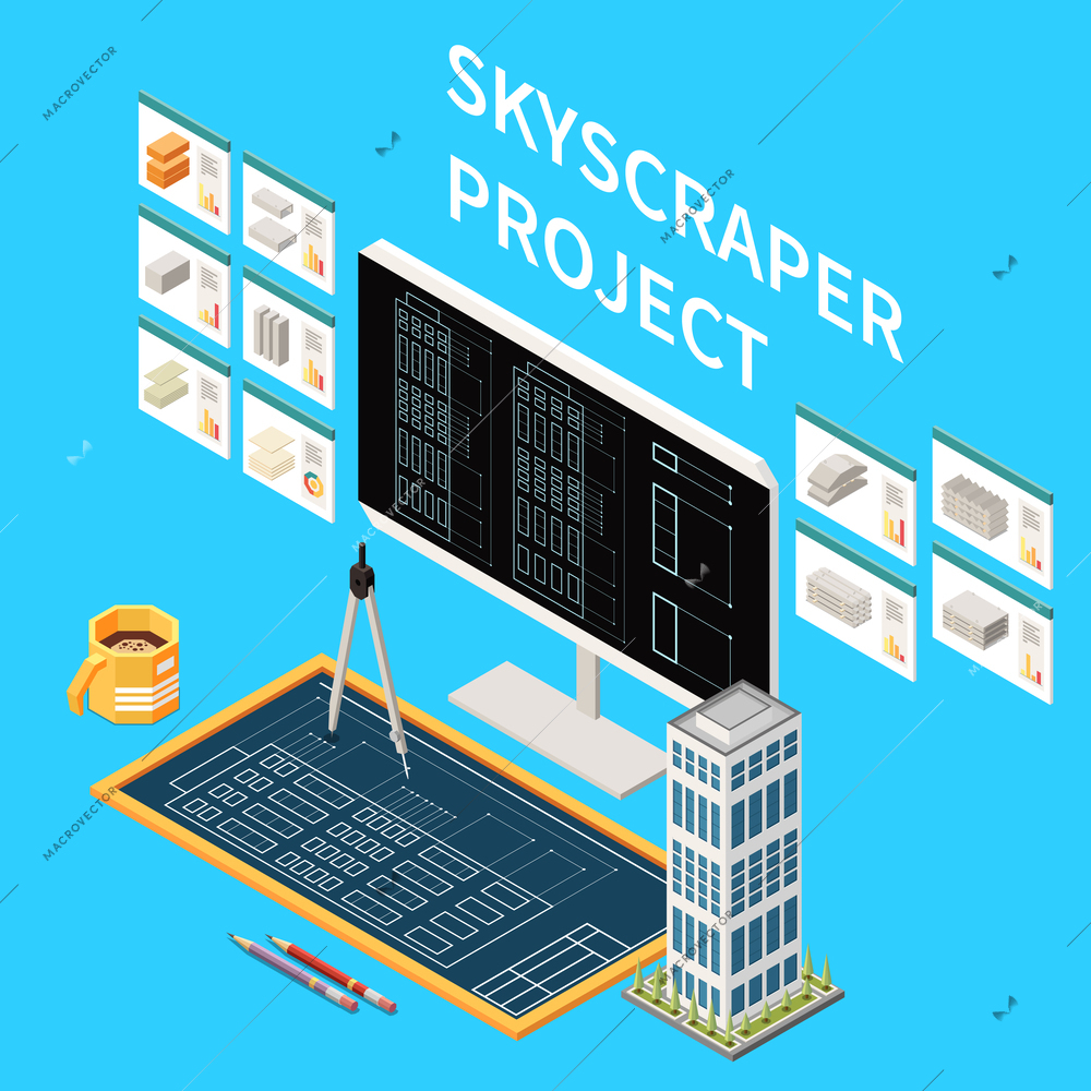 Skyscraper construction project on computer monitor and on paper with model of finished building and images of materials isometric vector illustration