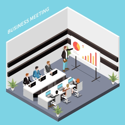 Office workers listening to report in business meeting isometric composition on blue background 3d vector illustration