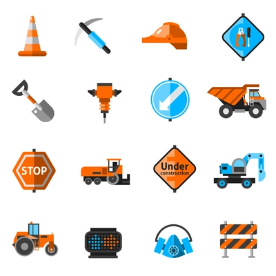 Road repair icons with hammer builder tools forklift helmet isolated vector illustration