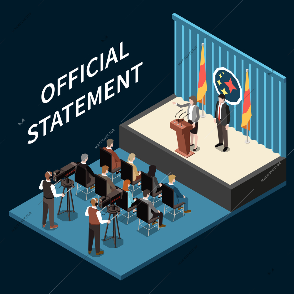 Male and female politicians during official statement on stage in front of audience and reporters isometric vector illustration