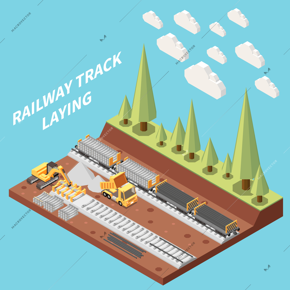 Railway building and track laying site isometric composition on blue background 3d vector illustration