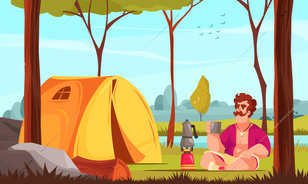 Male camper drinking hot tea near yellow tent at camping site flat vector illustration