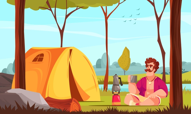 Male camper drinking hot tea near yellow tent at camping site flat vector illustration