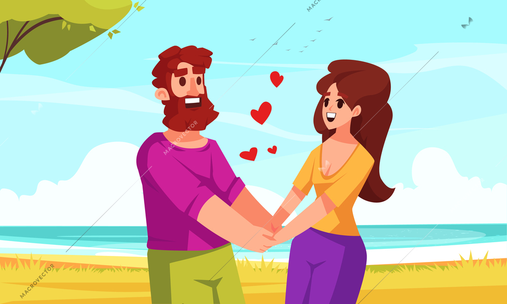 Be my valentine flat vector illustration with happy male and female cartoon characters holding hands