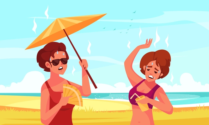 Hot weather flat composition with two women in swimsuits suffering from high air temperature on sea shore cartoon vector illustration