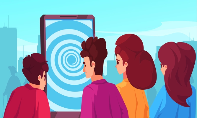 Gadget addiction abstract composition with group of young people looking in big smartphone screen with game flat vector illustration