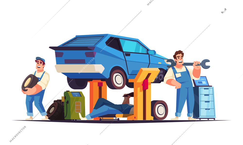 Auto service vector illustration of car on lift and team of mechanics doing repair or maintenance