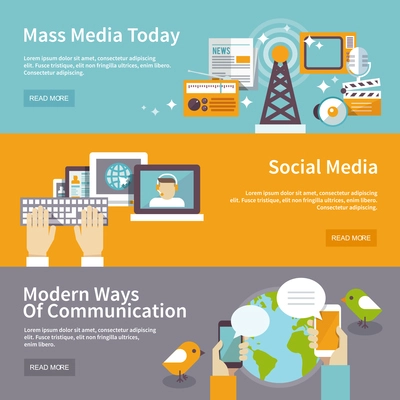 Social mass media banner horizontal set communication elements isolated vector illustration