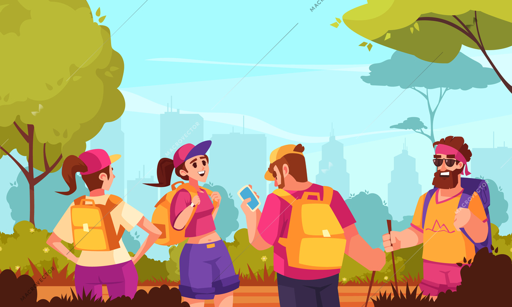 Hiking cartoon vector illustration of touristic group with backpacks on shoulders choosing route on map in smartphone