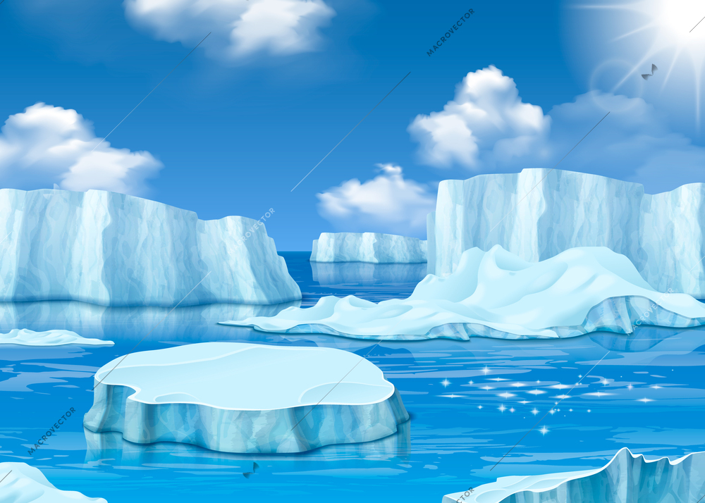 Iceberg realistic composition with pole sea landscape vector illustration