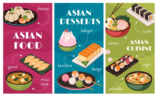 Asian food flat compositions set with sushi and dumplings vector illustration