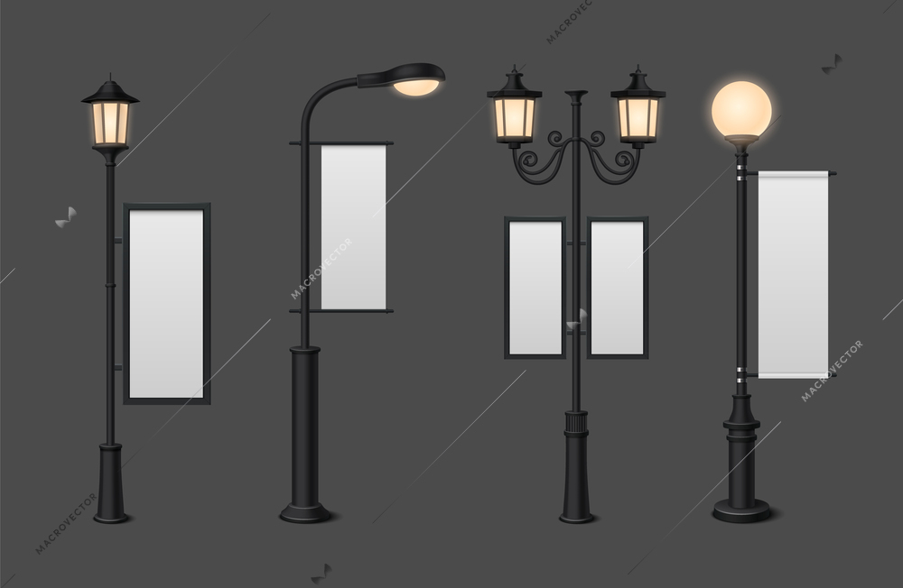 Street lamp realistic icons set with billboards isolated vector illustration