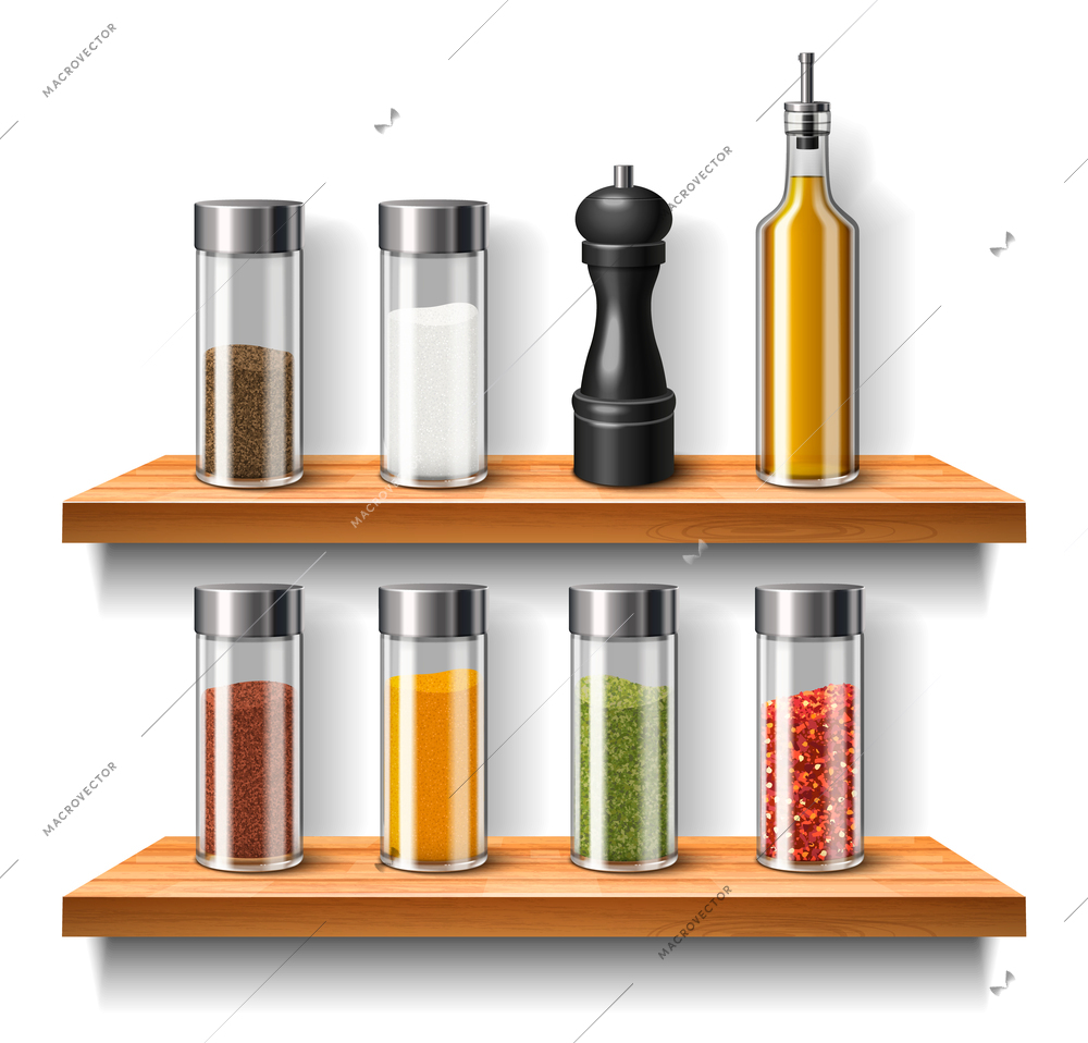 Kitchen spices realistic concept with seasonings in dispensers on wooden shelves vector illustration