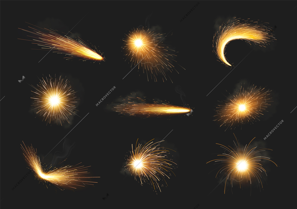 Metal welding realistic icons set with iron cutting fireworks isolated vector illustration