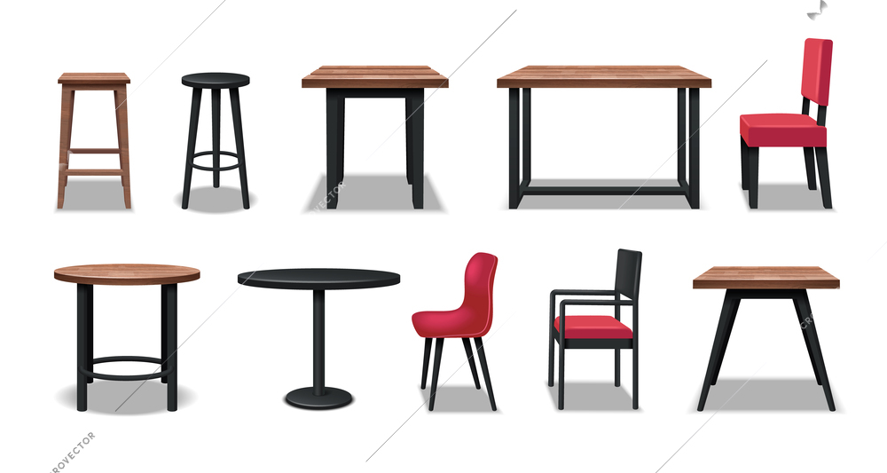 Cafe furniture realistic icons set with bar chairs and tables isolated vector illustration