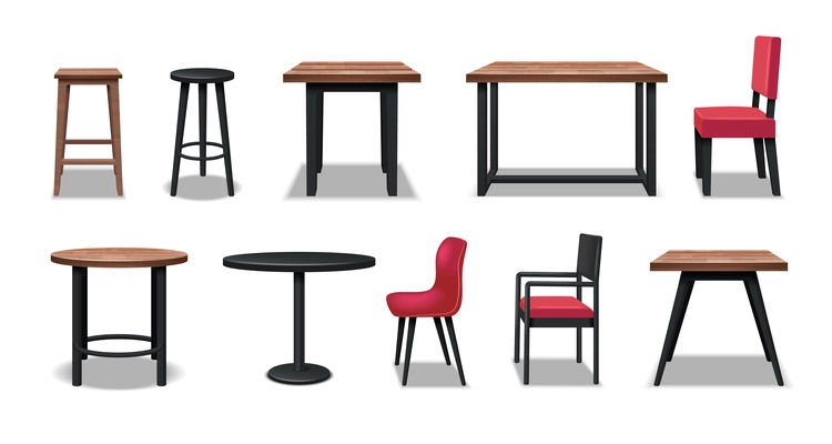 Cafe furniture realistic icons set with bar chairs and tables isolated vector illustration