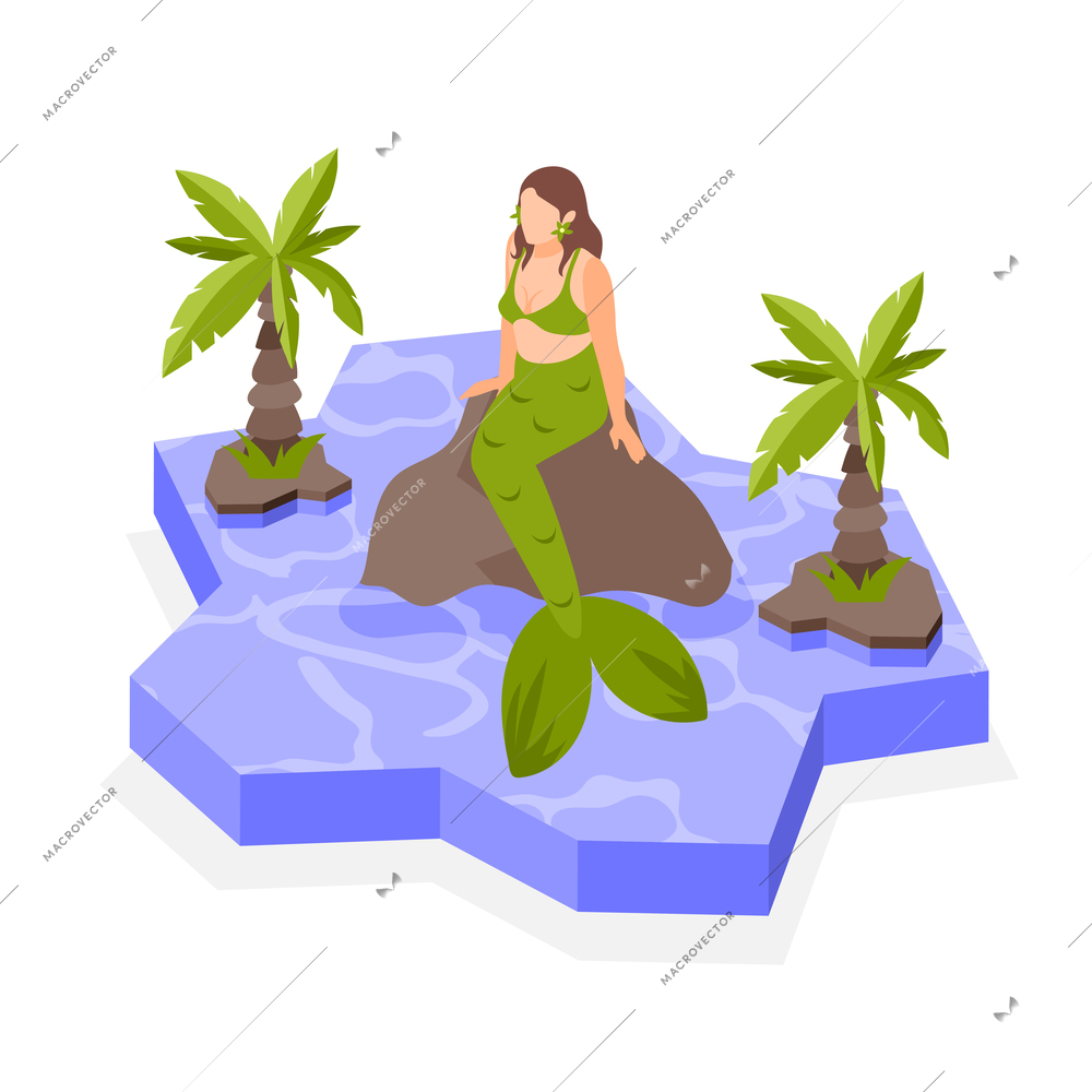 Fairy tale creatures isometric composition with mermaid sitting on stone 3d vector illustration