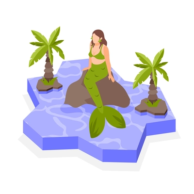 Fairy tale creatures isometric composition with mermaid sitting on stone 3d vector illustration