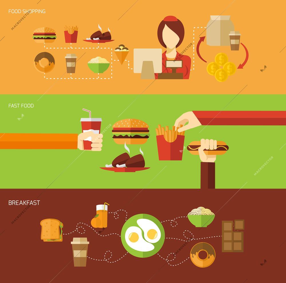 Fast food banner set with breakfast shopping elements isolated vector illustration