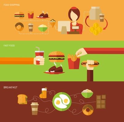 Fast food banner set with breakfast shopping elements isolated vector illustration