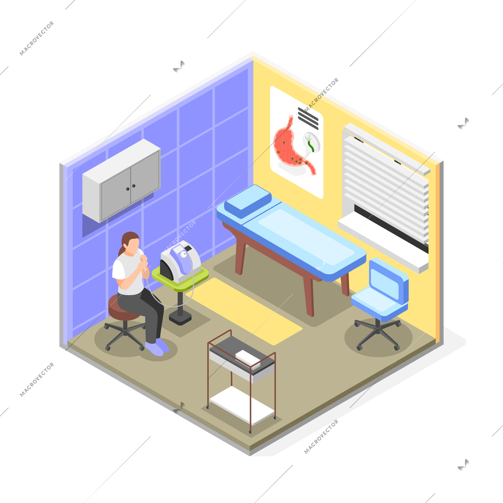 Helicobacter testing isometric composition with female patient  breathing into tube for air sampling vector illustration