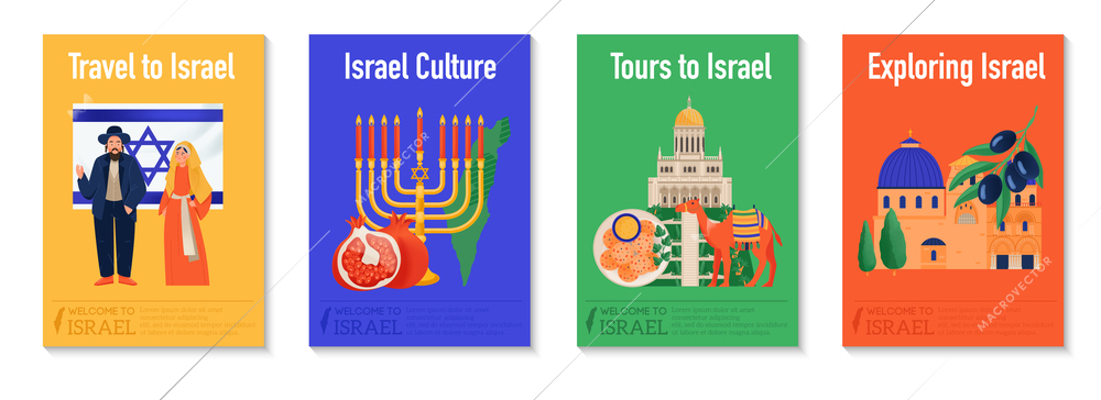 Travel to israel flat colorful vertical posters set isolated vector illustration
