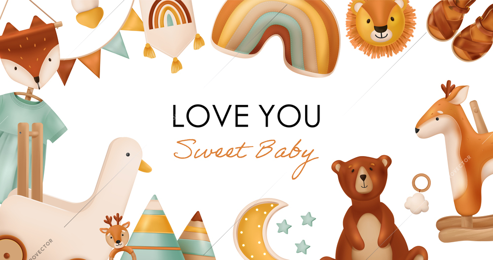 Boho baby realistic background framed with retro toys and love you sweet baby text vector illustration