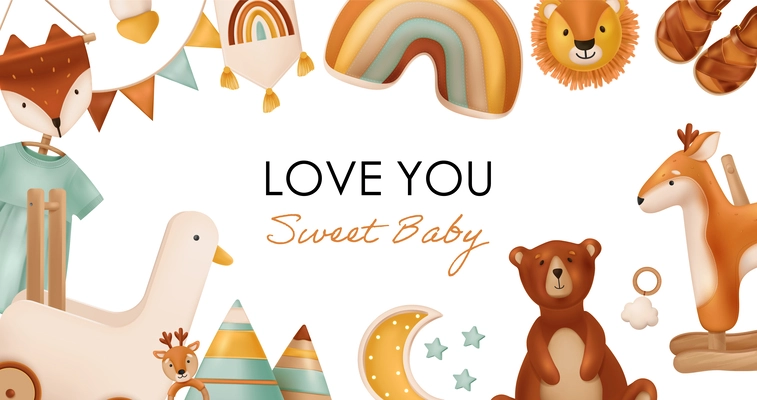 Boho baby realistic background framed with retro toys and love you sweet baby text vector illustration