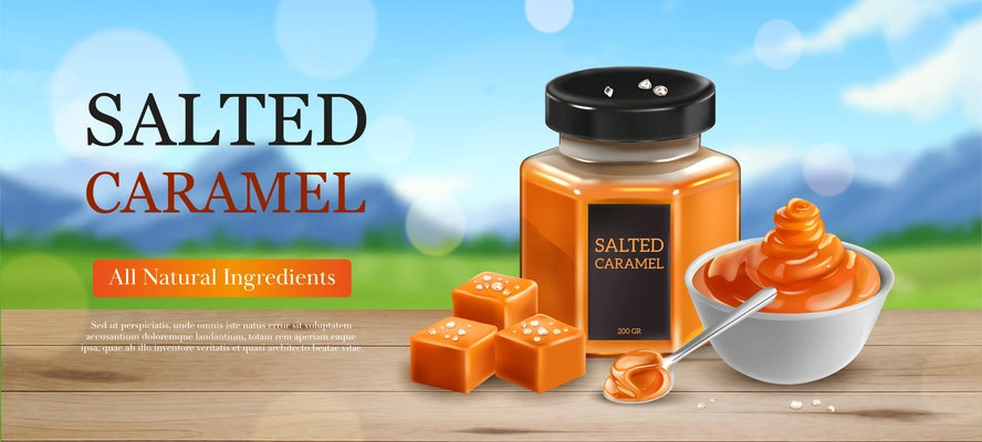 Salted caramel horizontal ad banner with square toffee candies and soft caramel in white bowl realistic vector illustration