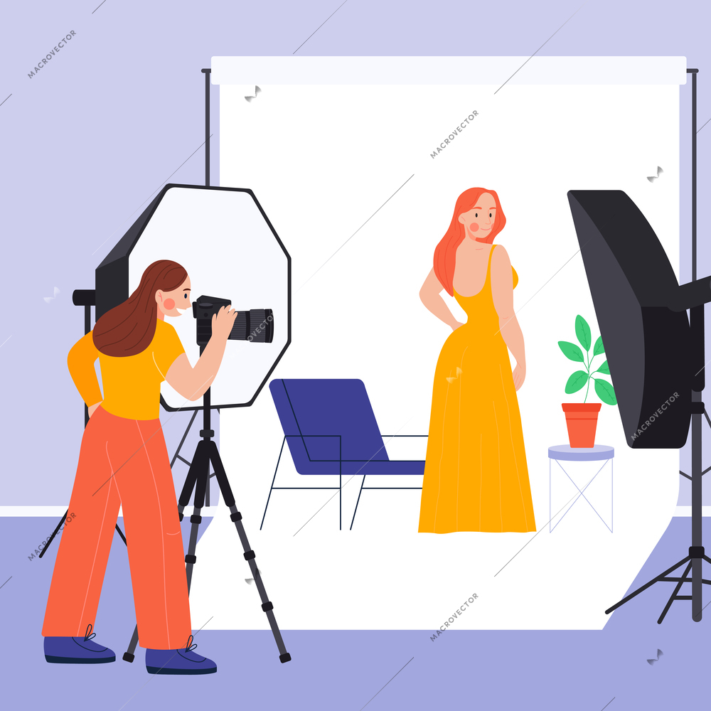 Photo session flat background with young woman in yellow dress posing for female photographer in studio vector illustration