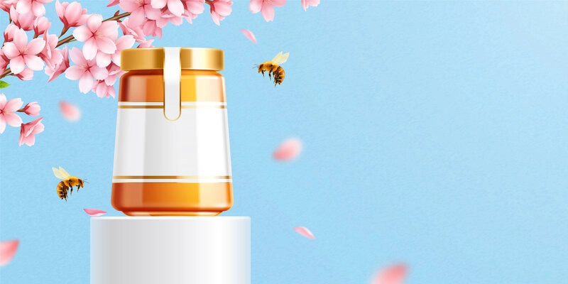 Honey jar realistic mockup composition with glass vial on podium surrounded by flying petals and bees vector illustration