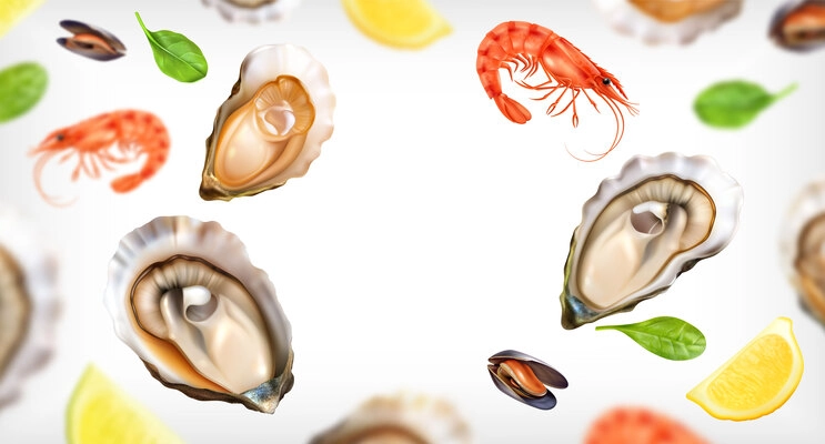 Seafood realistic background composition with isolated images of oyster shells lobsters greens and slices of lemon vector illustration