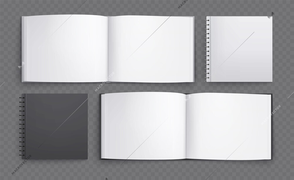 Books mockup realistic set of empty paper album and spiral notebook images isolated on transparent background vector illustration