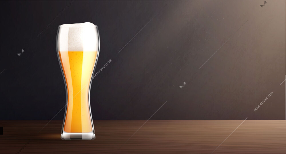 Cold beer realistic composition with dark background and wooden table with glass of beer with foam vector illustration