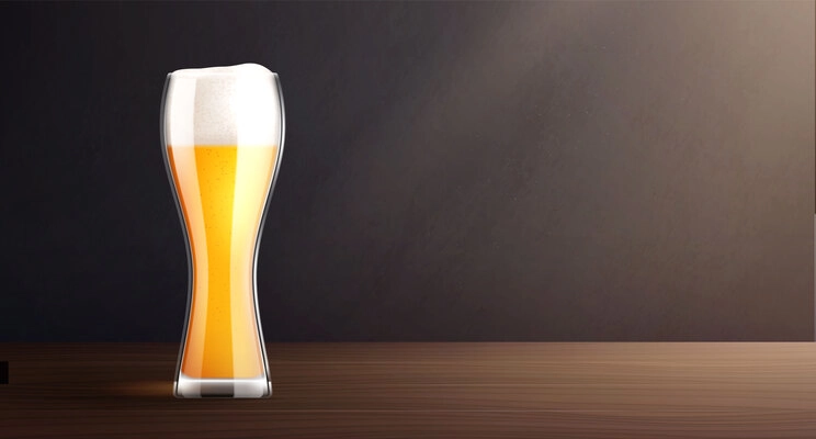 Cold beer realistic composition with dark background and wooden table with glass of beer with foam vector illustration