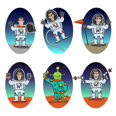Astronaut in space suit and alien emotions cartoon characters set isolated vector illustration