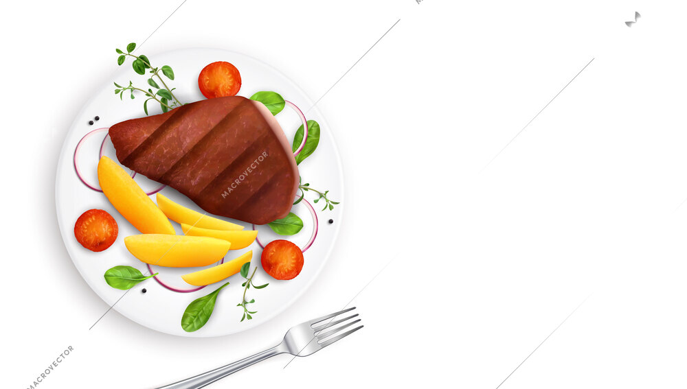 Roasted meat realistic composition with isolated top view of served plate with steak vegetables and fork vector illustration