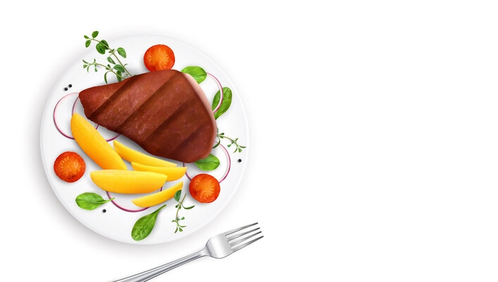 Roasted meat realistic composition with isolated top view of served plate with steak vegetables and fork vector illustration