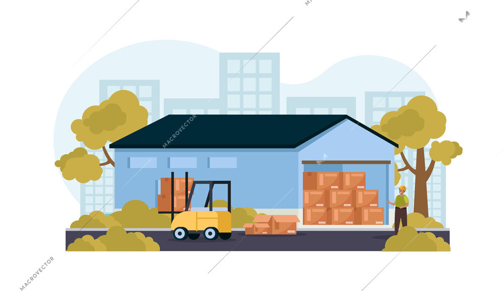 Warehouse logistic flat composition with storage worker near boxes and forklift vector illustration