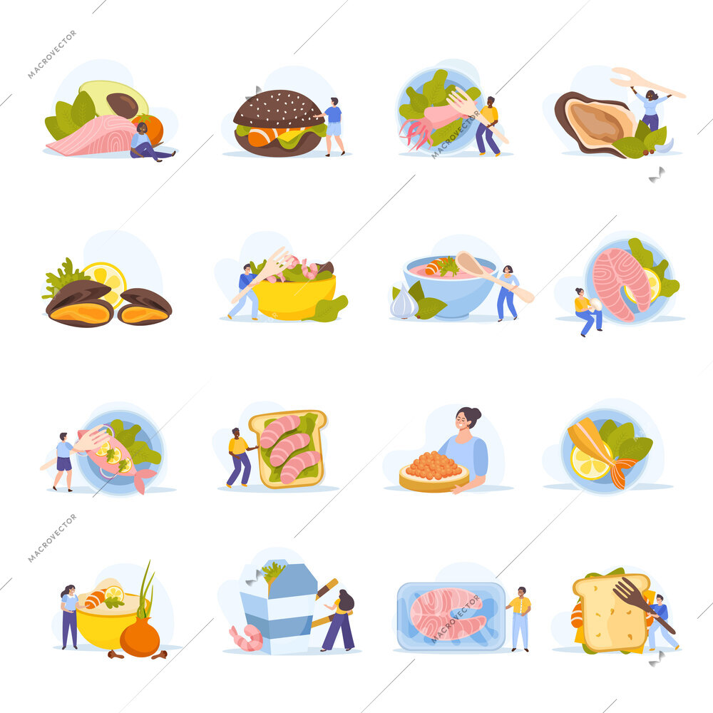 Seafood flat icons set with fresh organic diet food items isolated vector illustration