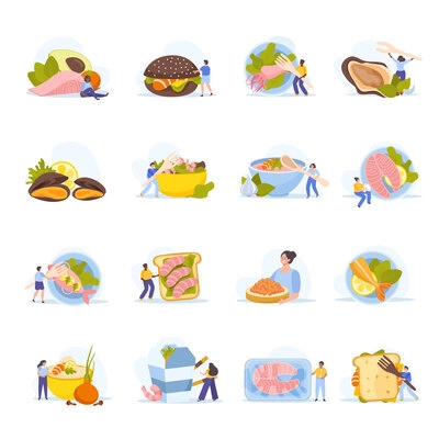 Seafood flat icons set with fresh organic diet food items isolated vector illustration