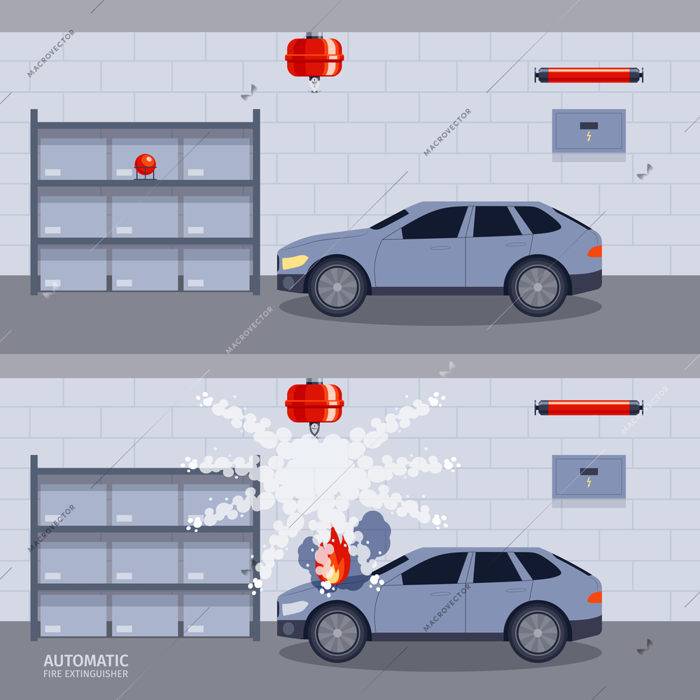 Fire extinguisher composition with view of indoor parking lot fire stopper bottle foam and burning car vector illustration