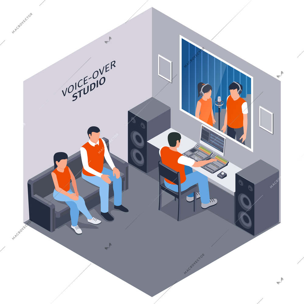 Isometric music studio composition with isolated indoor view of studio with voiceover talents and mixing engineer vector illustration