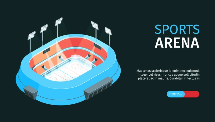 Isometric stadium horizontal banner with isolated image of sports arena with lighting towers text and button vector illustration