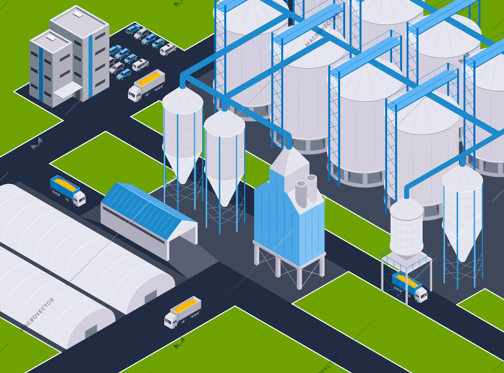 Isometric grain elevator composition with outdoor view of field with auger buildings silos and moving trucks vector illustration