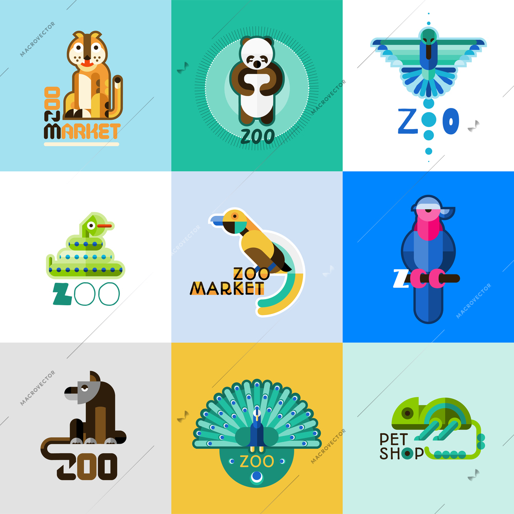 Zoo market pet shop logo set with wild animals and cute birds isolated vector illustration