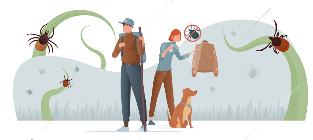 Ticks insect flat composition with human characters of traveling man woman and dog surrounded by bugs vector illustration