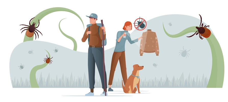 Ticks insect flat composition with human characters of traveling man woman and dog surrounded by bugs vector illustration