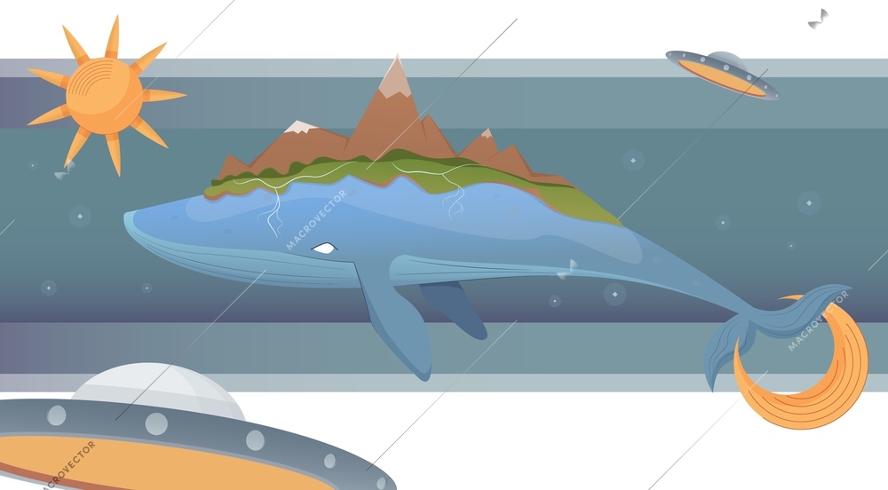 Earth theory flat composition with floating whale with mountains on back surrounded by flying ufo starships vector illustration